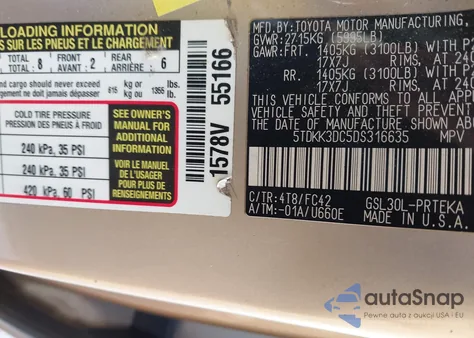 2013 Toyota Sienna Le V6 8 Passenger z USA, uszkodzony, nr VIN 5TDKK3DC5DS316635